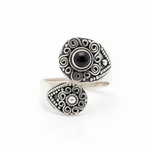 Dark Beauty Black Onyx Wrap Ring 925 Oxidized Silver Adjustable Sizes 6-10
