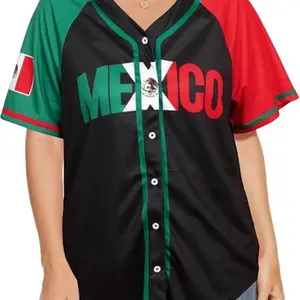 Mexico-Inspired Baseball Jersey | Black Green Red Button Down Shirt, Breathable Fabric, Unisex Sportswear
