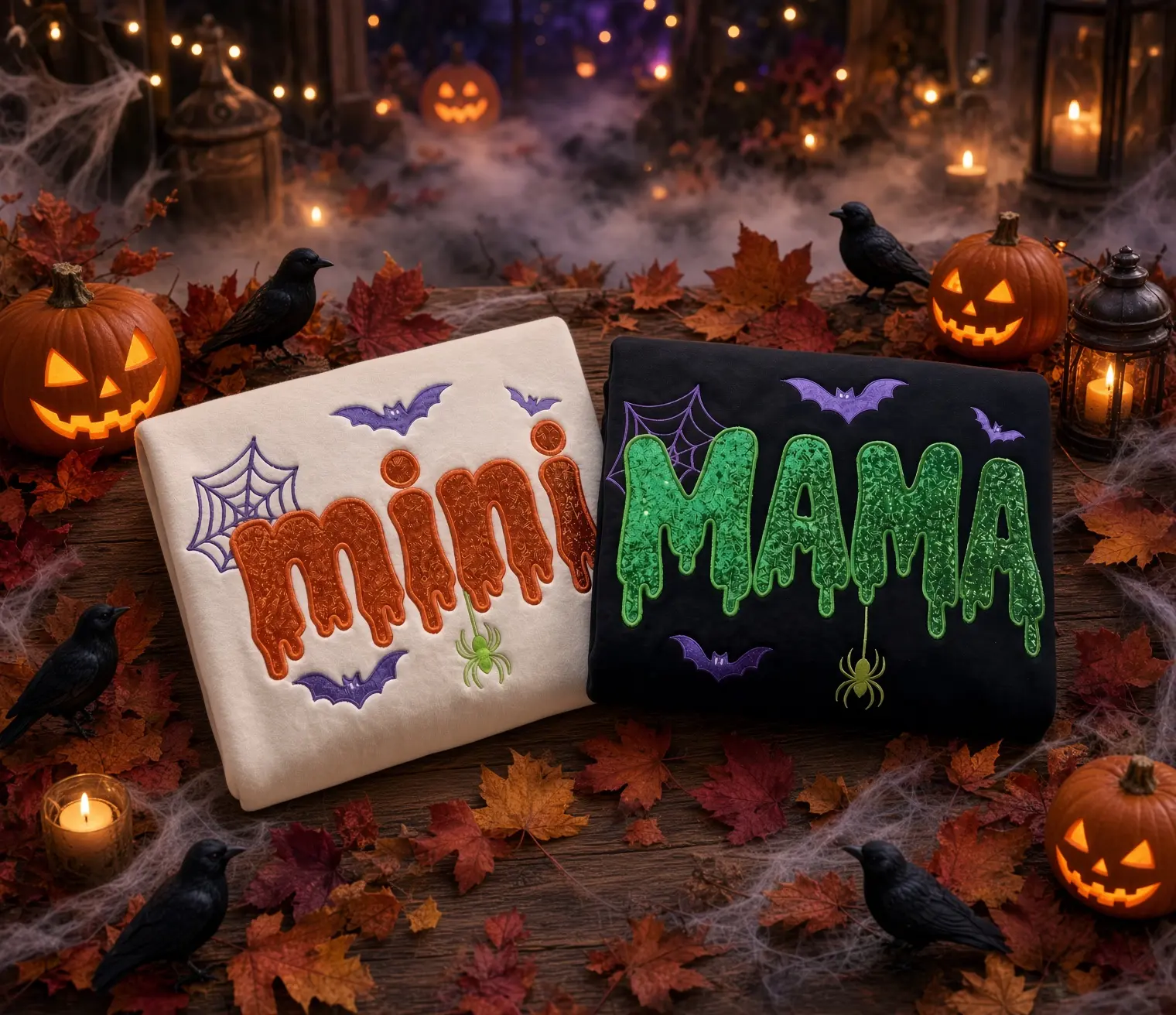 Embroidered Spooky Mama Glitter Sweatshirt, Halloween Mom Crewneck, Dripping Letter Pullover, Bat Spider Web Gift for Her
