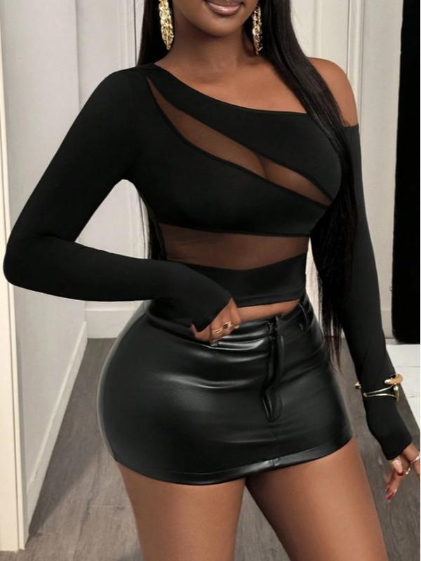 BamGleam Black Off-Shoulder Patchwork Long-Sleeved Sexy T-Shirt In English