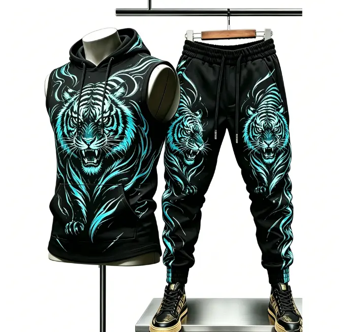 [New] Men's Fashion Street Suit: Trendy Tiger Pattern Sleeveless Hoodie and Jogging Pants - Men's Casual Sportswear | Holiday and Father's Day Gifts | summer fitness outfit set