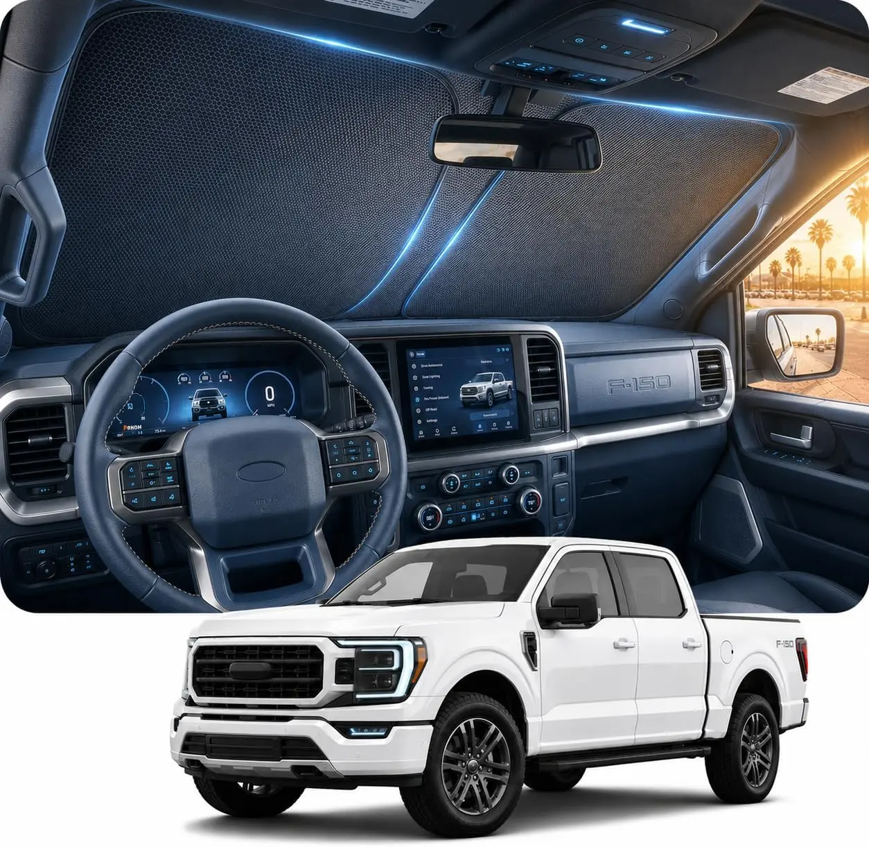 Windshield Sun Shade for Ford F150 (2021-2026, 14th Gen) – 160×86cm Custom Fit, Foldable UV Protector, for Lariat King Ranch Platinum XL XLT Raptor Limited