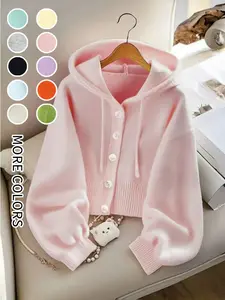 Women's Solid Button Front Hooded Cardigan, Casual Long Sleeve Knitwear for Fall & Winter, Women's Knit Clothing for Daily Wear, Tops, Womenswear, Knitting, Lady