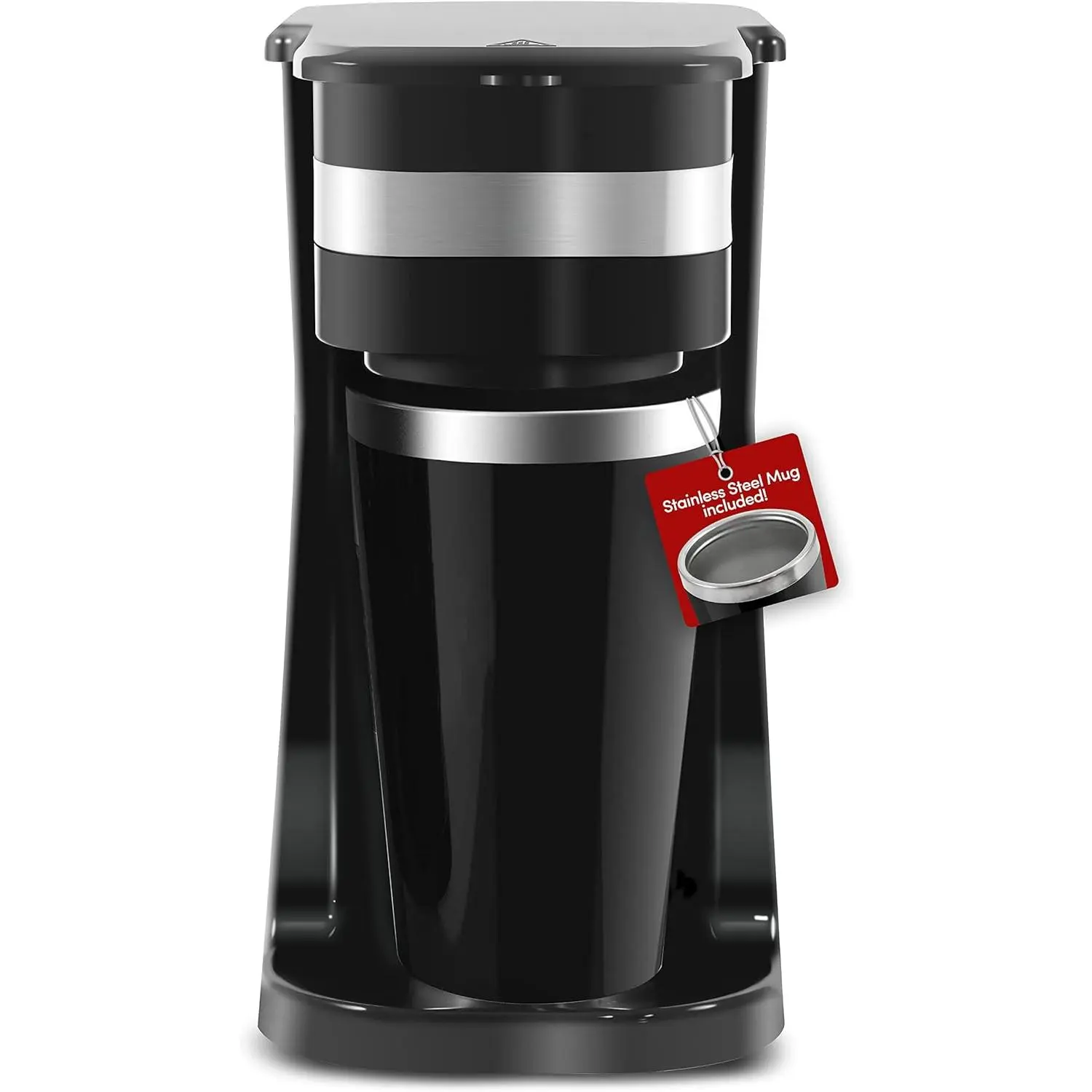 Personal Single-Serve Small Coffee Machine - Black Quick Brew Brewer with 14oz Thermal Travel Mug, Reusable Filter, Coffee Grounds Compatibility, Fits Most Cup Holders, No Paper/Plastic Cups Needed, Ideal for On-the-Go Mornings & Busy Life, Stainless Stee
