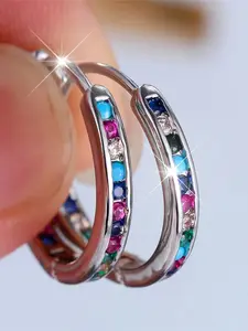 Cute Female Rainbow Zirconia Stone Round Hoop Earrings Fashion Silver Color Wedding Jewelry For Women