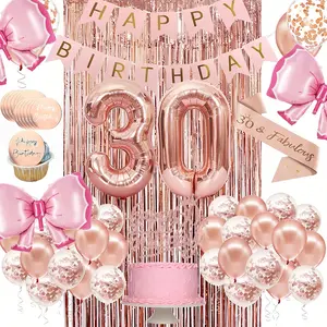 73pcs Rose Golden Birthday Party Decorations Plastic/Paper Happy Birthday Banner With Number Balloons, Crown & Sash, Cake Topper With 18/30/40 Numbered Balloons For Age Birthday Anniversary Party