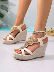 2026 Summer New Fashion Wedge Sandals for Women, Bohemian Style Metal Decor Thick Sole Roman Shoes, Party Vacation Photo Footwear