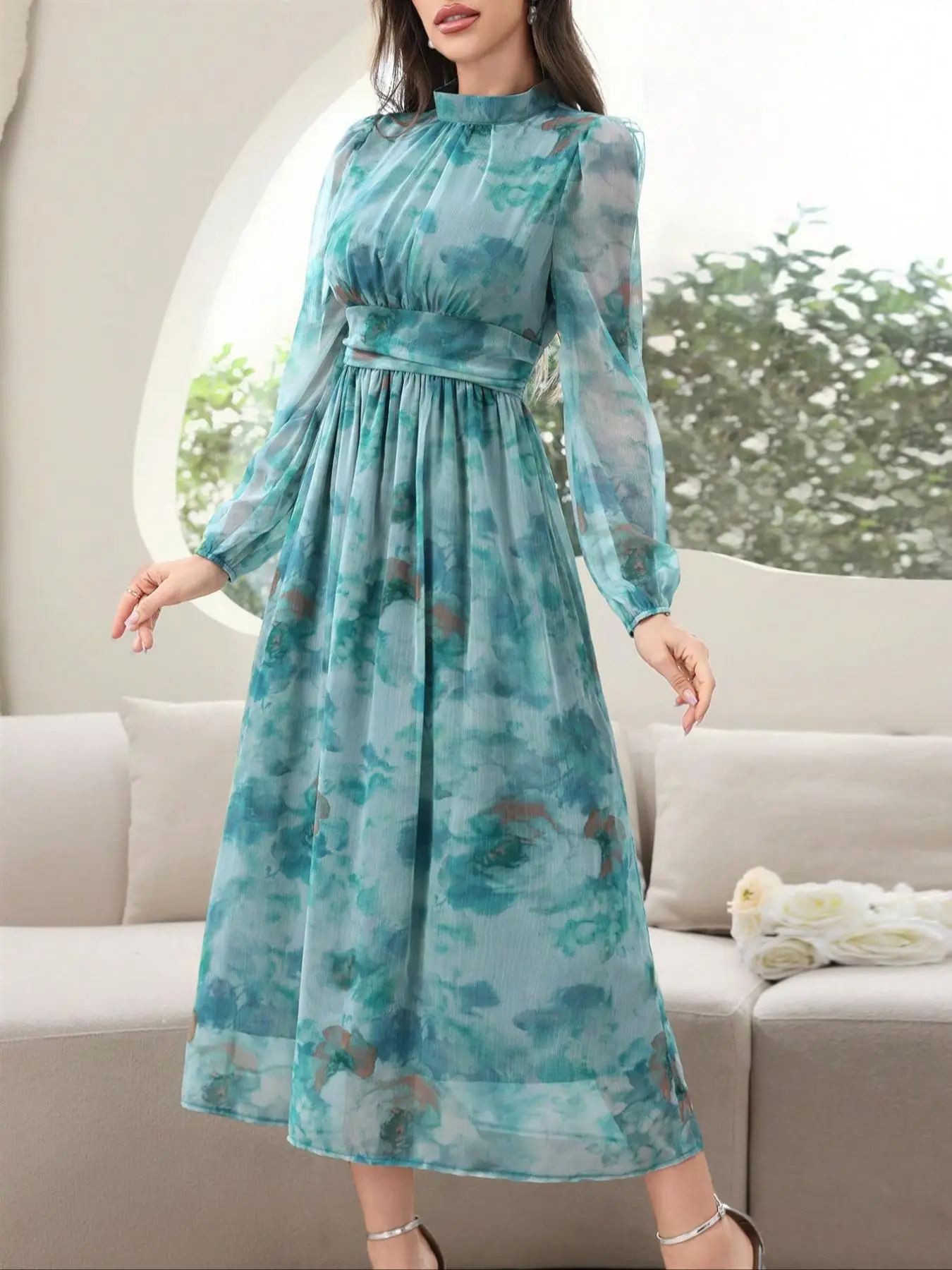 Women's Floral Print Long Sleeve Chiffon Dress, Elegant Romantic Maxi Dress for Daily Outdoor Wear, Women's Islamic Clothing for All Seasons, Classy M