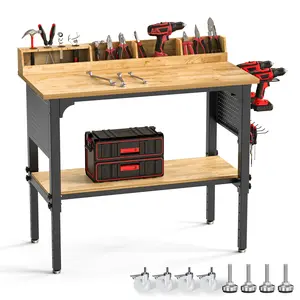 48'' Workbench Adjustable Height with Storage, Heavy Duty 2200 LBS Load Capacity Work Table with Pegboard, Power Outlet and Wheels, Work Bench for Workshop, Garage, Office, Commercial, Home