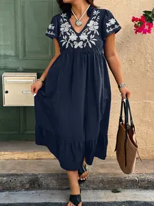 Embroidered Floral Midi Dress, Loose, V Neck, Flutter Sleeve, Tiered Ruffle Hem, Women Casual Boho Bohemian Summer Outfits
