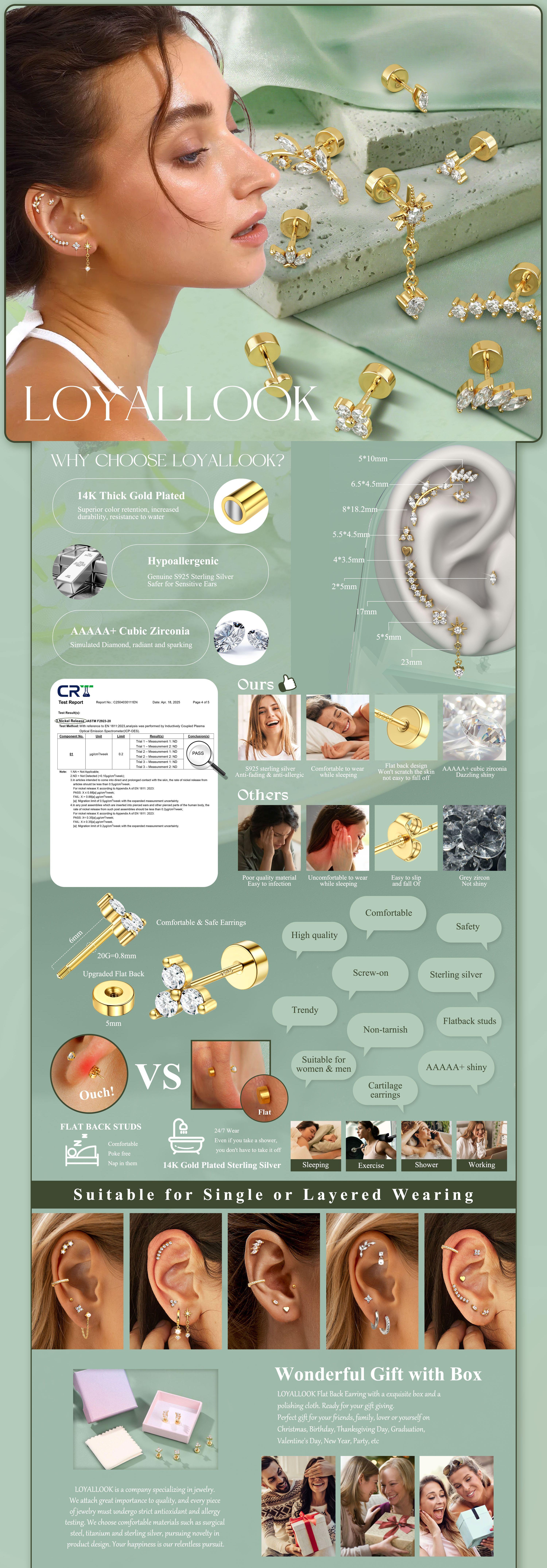 LOYALLOOK 925 Sterling Silver Flat Back Stud Earrings for Women Hypoallergenic | 14K Gold Plated Cartilage Earrings for Sensitive Ears | Leaf Flower CZ Helix Tragus Piercing Jewelry for Mother's Day