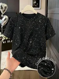Women's New Fashion Elegant Silver Color Embroidered Round Neck Long Sleeve Casual T-Shirt, Perfect for Daily Wear