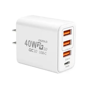 40W 4Ports USB C Wall Charger, Dual USB Port + PD+QC 3.0 Power Adapter, Fast Plug Charging Block for iPhone 11/12/13/14/15 Plus Pro Max,Samsung Galaxy S23/S22/S21 Android Phone
