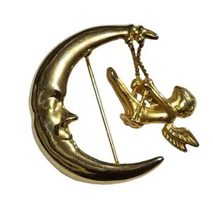 Vintage 1980's Era Man in Crescent Moon with Cherub on Swing Dangle Brooch Estate Jewelry Pin