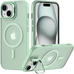 for iPhone 15 Case Compatible with MagSafe Military Grade Shockproof Heavy Duty Protective Adjustable Kickstand Matte Semi Clear Phone Case for iPhone 15(Mint)