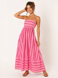 Loveimgs Women's Backless Maxi Dress — Striped & Pleated Design, Sexy Spaghetti Straps, Flowing Full Skirt