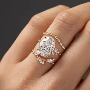 Oval Cut Moissanite Wedding Set for Women, Nature Inspired Leaf Accents Engagement Ring with Curved Matching Band, Unique 3-Piece Stackable Bridal Set, Elegant Promise Jewelry Gift