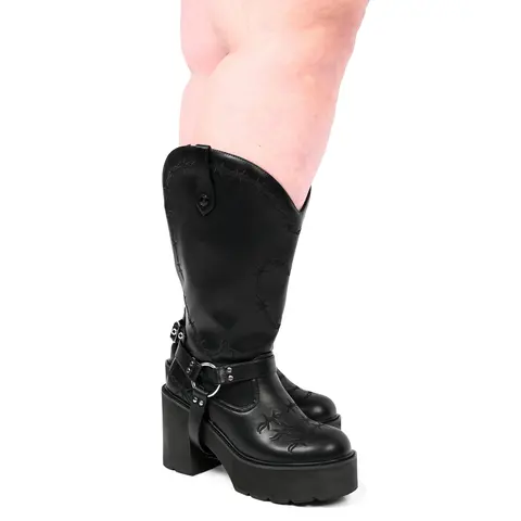 Foxblood Shop Women's Barbed Wire 2 Inch Front Platform Cowboy Boots - Wide Calf Friendly, 4 in Heel, Round Toe, Rubber Sole, Vegan Synthetic, Black Boot, Footwear, Shoes for Women, Casual Wear