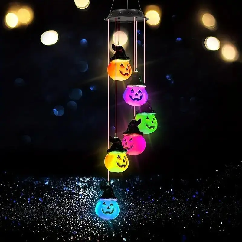 Solar Powered Pumpkin Design Wind Chime Light, 1 Box Vintage Design Halloween Themed Hanging Light, Outdoor Decoration Light for Garden Party & Haunted House, Ornaments