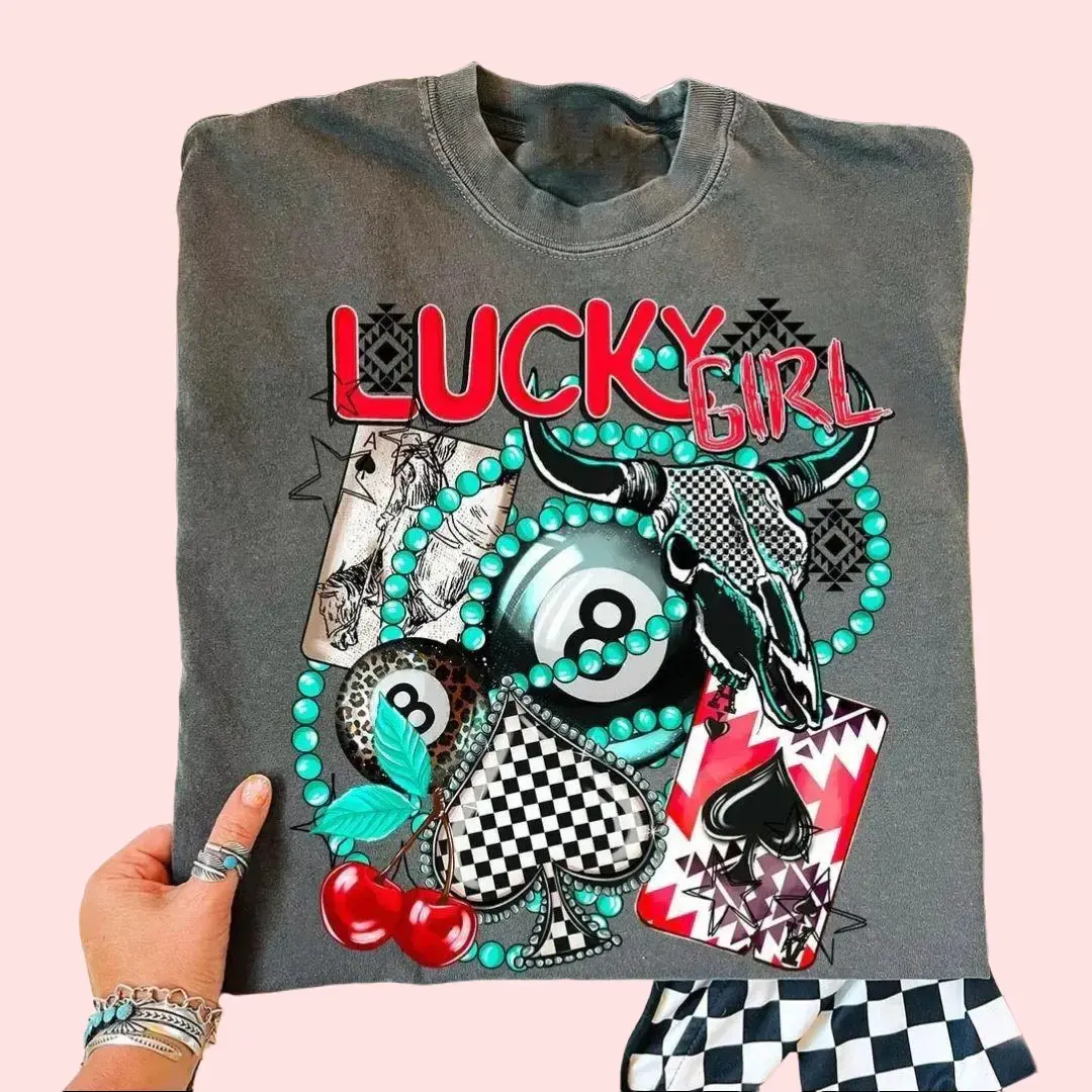 Lucky Girl 8 Ball Card and Skull Checkered Western Tshirt, Cowgirls Graphic Tees, Tops Outfits Women