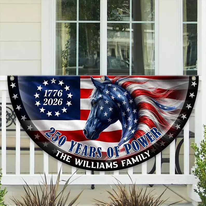 Patriotic Semicircle Fence Flag - American Spirit Horse Head Banner, Bright Transparent, Broad Highlighting, 250-Year USA Decor for July 4th, Outdoor Farm Use, Ideal for Proud Americans & Classmates, 250 Years
