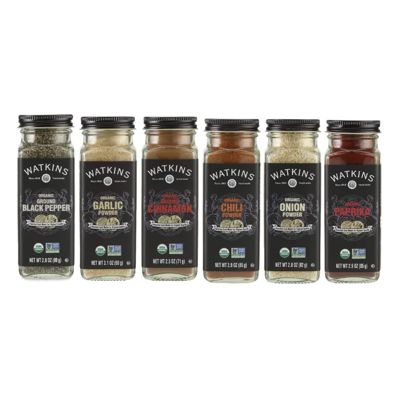 Watkins Everyday Organic Spice & Seasoning Kit, Gift Set for Cooks Foodies & Beginners, Includes Black Pepper Garlic powder Seasoning Rub Cinnamon Chili Onion  & Paprika Glass Jar Flavor Gluten-Free cabinet Seasoning Starter Spice Mix Variety