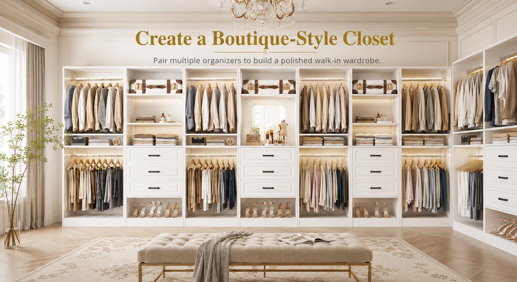 Homieasy 75" Modular Closet Organizer System with Mirror & Drawers, 3-in-1 Freestanding Wardrobe Tower with Adjustable Shelves & Hanging Rods, Heavy-Duty Bedroom Storage for Walk-in Closets