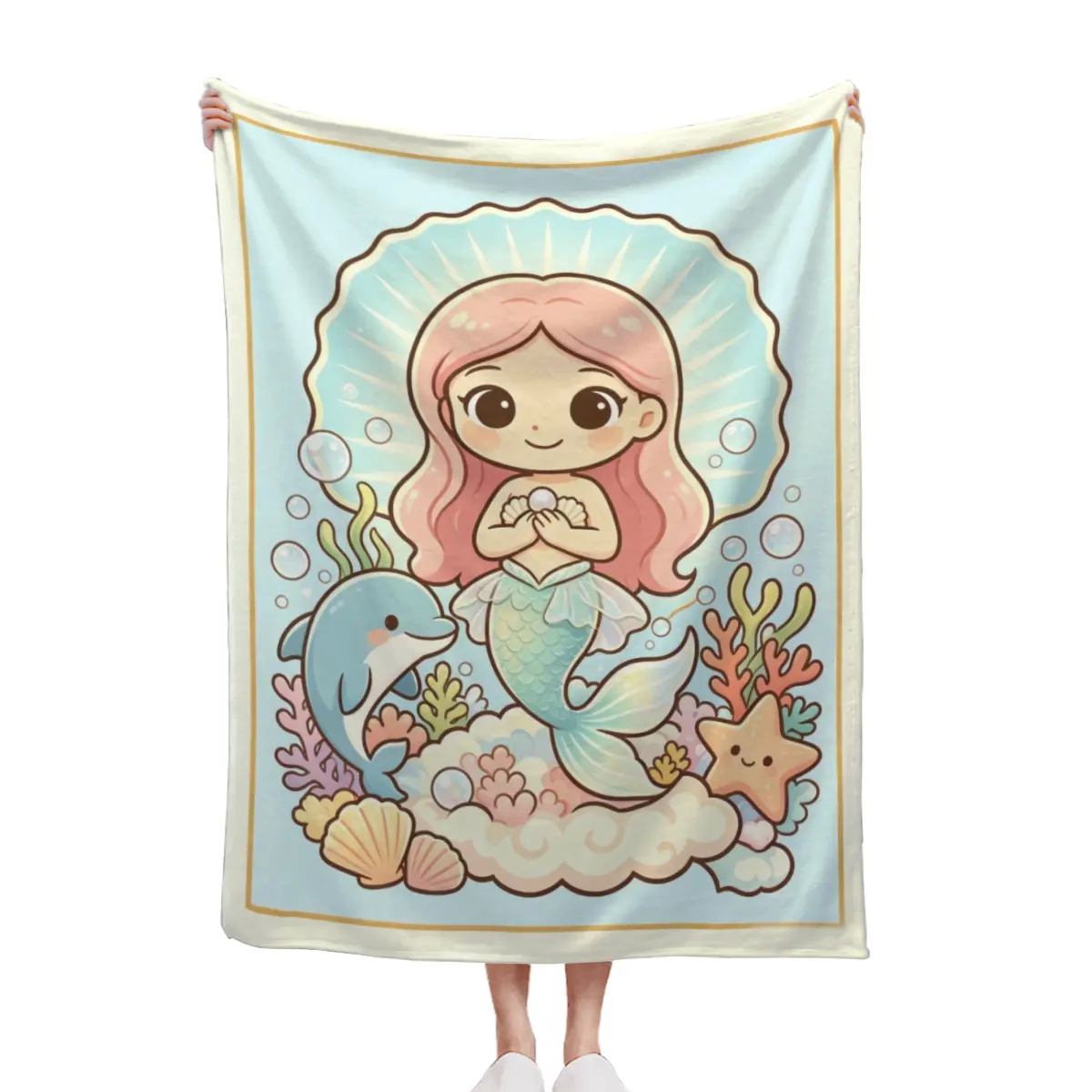 Anti-Allergic Quilt, Cute Mermaid Themed Pastel Throw Blanket for Little Girls, Kawaii Ocean Princess Kids Room Decor Underwater Sea Creatures Design, Anti-Allergic Quilts