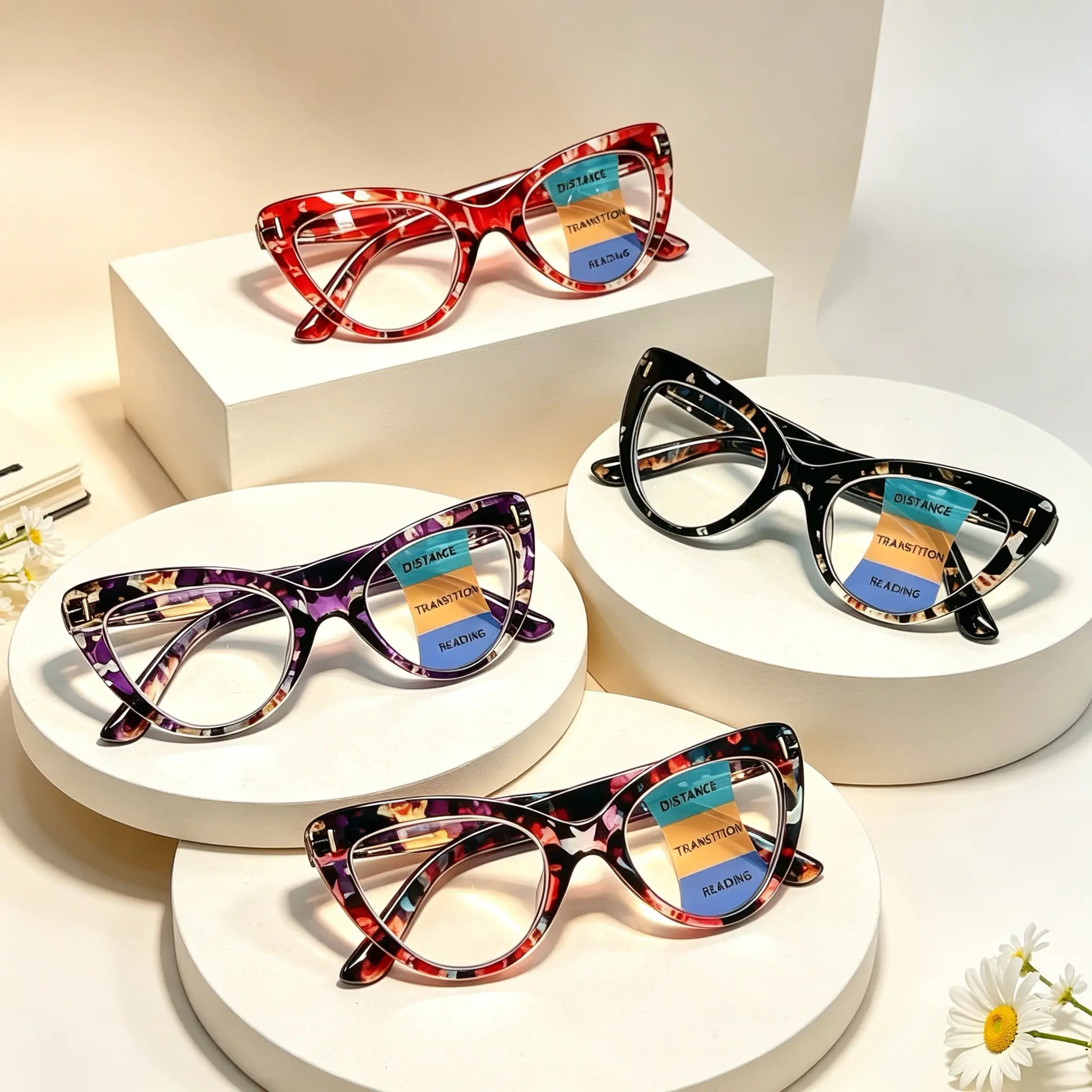 Statement Frame Reading Glasses for Women, 4-Pack Cat-Eye Plastic Full Rim Frames with Progressive Multi-Focal Resin Lenses & Blue Light Filtering for Screen Work, Unisex, Statement Frame Glasses, Computer Use
