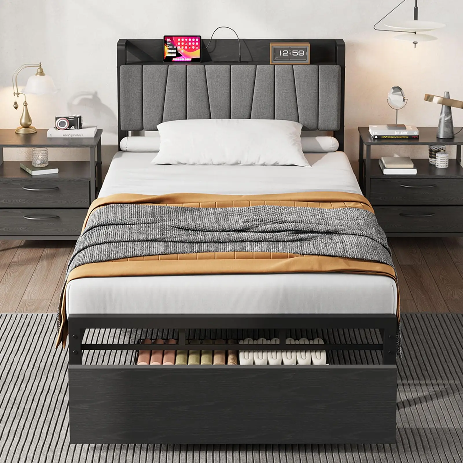 Twin Size Bed Frame with Storage Drawer, Industrial Twin Platform Bed with Upholstered Headboard and Charging Station, No Box Spring Needed, Black Modern Bedroom Furniture
