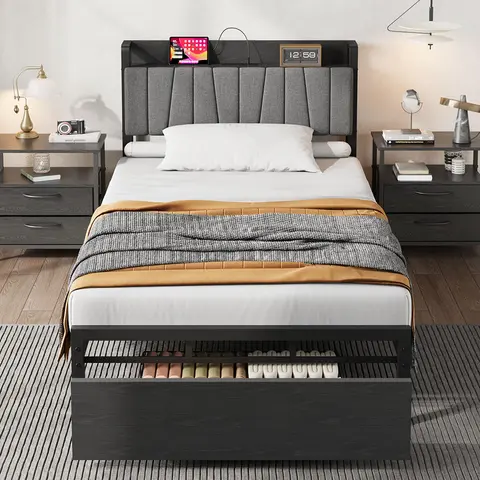 Twin Size Bed Frame with Storage Drawer, Industrial Twin Platform Bed with Upholstered Headboard and Charging Station, No Box Spring Needed, Black Modern Bedroom Furniture
