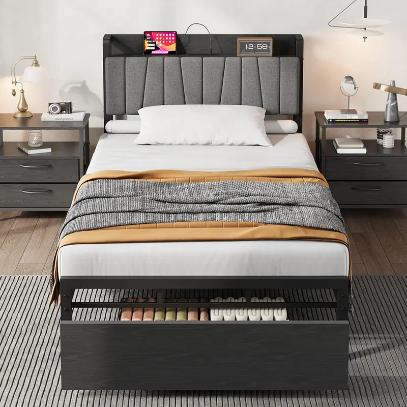 Twin Size Bed Frame with Storage Drawer, Industrial Twin Platform Bed with Upholstered Headboard and Charging Station, No Box Spring Needed, Black Modern Bedroom Furniture