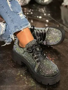 Women's Rhinestone Thick Sole Loafers, Bright Rhinestones Satin Laces, Height Boost Anti-Slip Versatile Casual Wedge Shoes, New Arrival