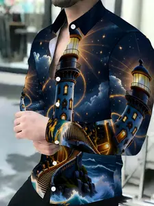 Men's Breathable Lapel Long Sleeve Cardigan Lighthouse Starry Night Ocean Waves Print