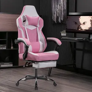 Gaming Chair with Footrest, High Back Gaming Chairs PVC Leather Ergonomic Gamer Chair with Adjustable Headrest Lumbar Support Racing Style Video Gaming Chair for Office/Home (Pink)