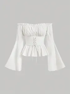Ladies Off-Shoulder Waist-Tied Fitted Top with Flare Sleeves, Flared Short Romantic Style for Spring & Summer, Unique Renaissance Inspired Fashion