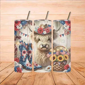 Aesthetic Patriotic Highland Cow 20oz Skinny Metal Vacuum Flask Tumbler, Sunflower Design, Secure Lid, Kitchenware Drinkware