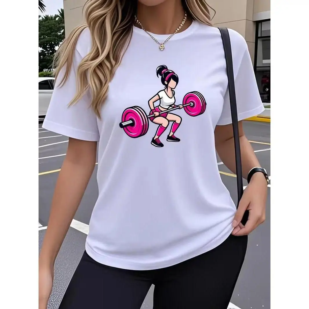 Cartoon Fitness Weightlifting Women Graphic T-Shirt, Gym Girl Barbell Workout Tee, Strong Women Fitness Lover Casual Short Sleeve Top