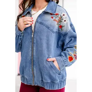 Floral Embroidered Long Sleeve Zip-Up Jacket Floral Embroidered Long Sleeve Zip-Up Jacket