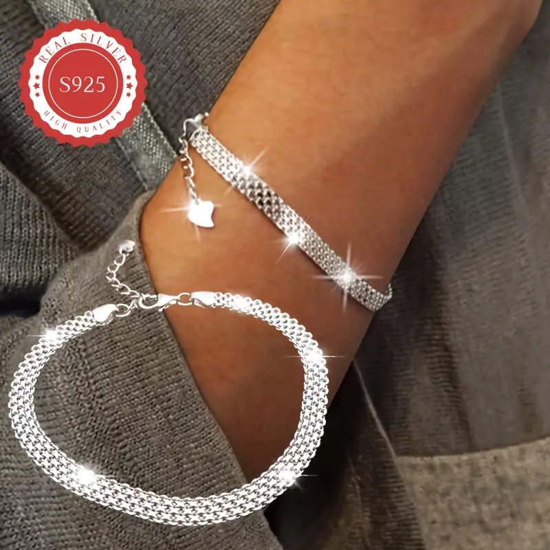 S925 Sterling Silver Mesh Embossed Chain Bracelet, Sparkling Unisex Jewelry Accessory