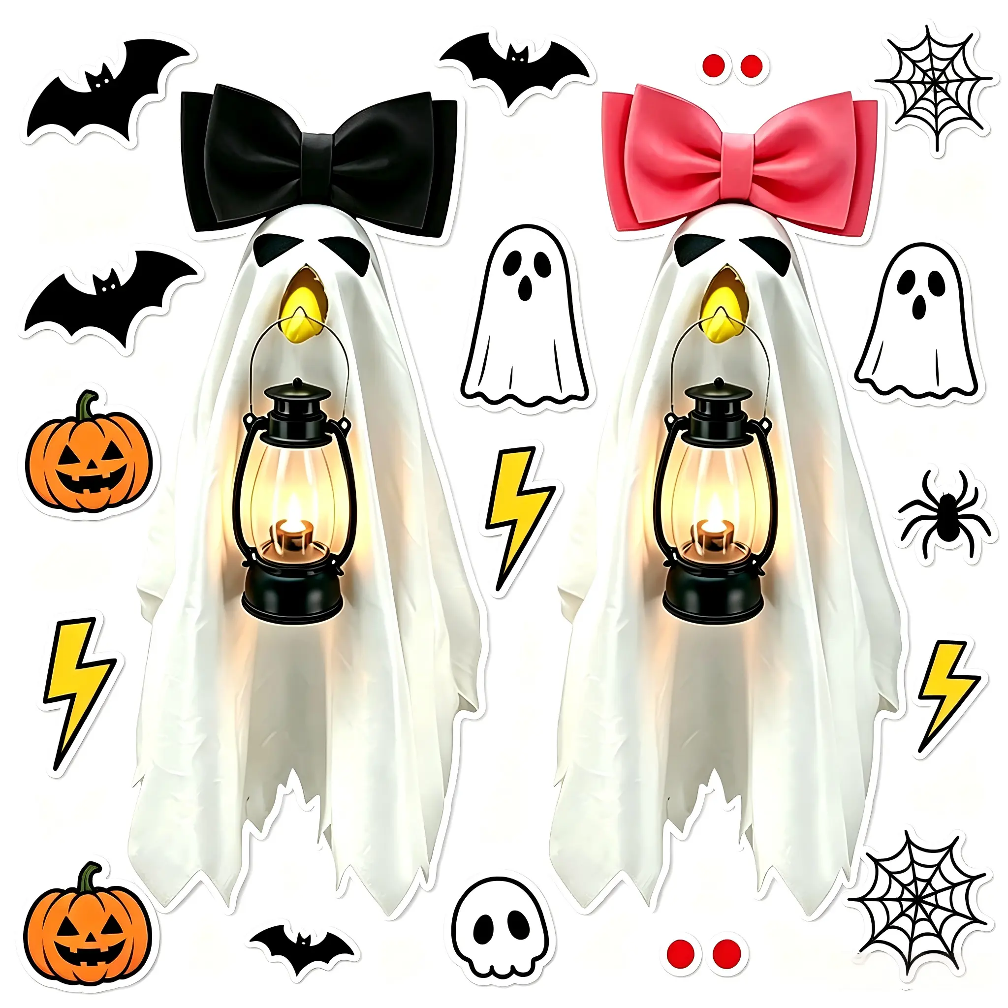 23-Inch Halloween Ghost Porch Goose Clothes Set, White Ghost Sheet Outfit with Bow & Light-Up Lantern, Cute Spooky Outdoor Lawn Statue for Fall Garden Decor, Housewarming Gift for All Ages