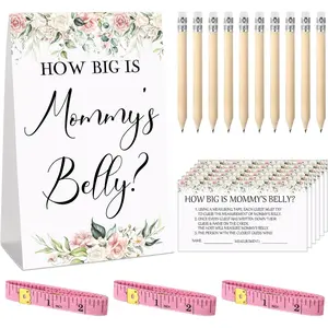 64 Pcs Baby Shower Games Include How Big is Mommy's Belly Sign Measure Bump Game 50 Cards 10 Pencils 3 Measuring Tapes for Baby Shower Gender Reveal Party Supplies Flower
