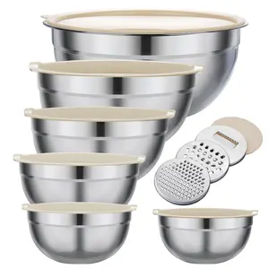 Mixing Bowl Set, 6 PCS Stainless Steel Mixing Bowls with 3 Grinder Attachments, Kitchen Food Organizer Nesting Mixing Bowls Tableware