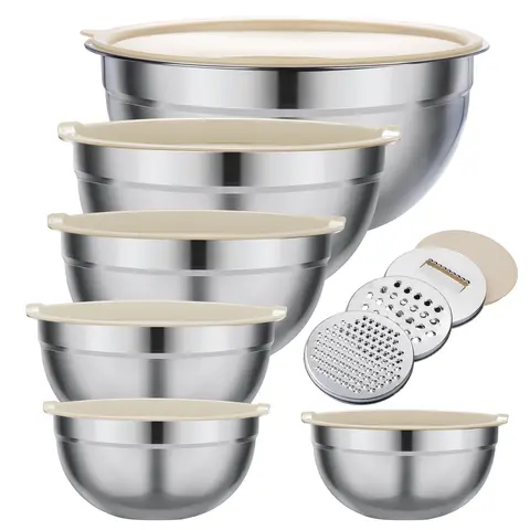 6-Piece Heavy-Duty Stainless Steel Multifunction Mixing Bowl Set - 3 Grater Attachments, Airtight Lids, 3.5qt (2,000+ ml) & 2.1qt Capacities, Food Grade Kitchenware, Nesting Tableware for Waste Reduction