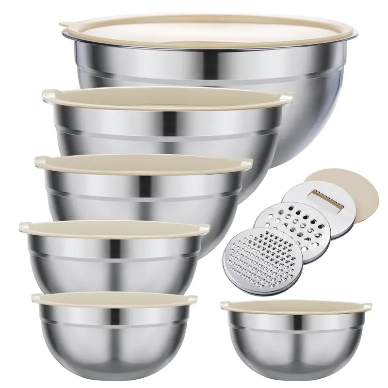 6-Piece Heavy-Duty Stainless Steel Multifunction Mixing Bowl Set - 3 Grater Attachments, Airtight Lids, 3.5qt (2,000+ ml) & 2.1qt Capacities, Food Grade Kitchenware, Nesting Tableware for Waste Reduction