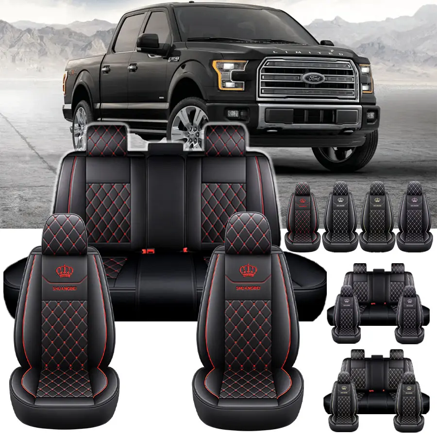 Premium PU Leather Car Seat Covers - Full Set for Ford F-150, Carseat Protector with Red Stitching, Crown Logos, Complete Coverage Automotive Upholstery Protection Truck Accessories