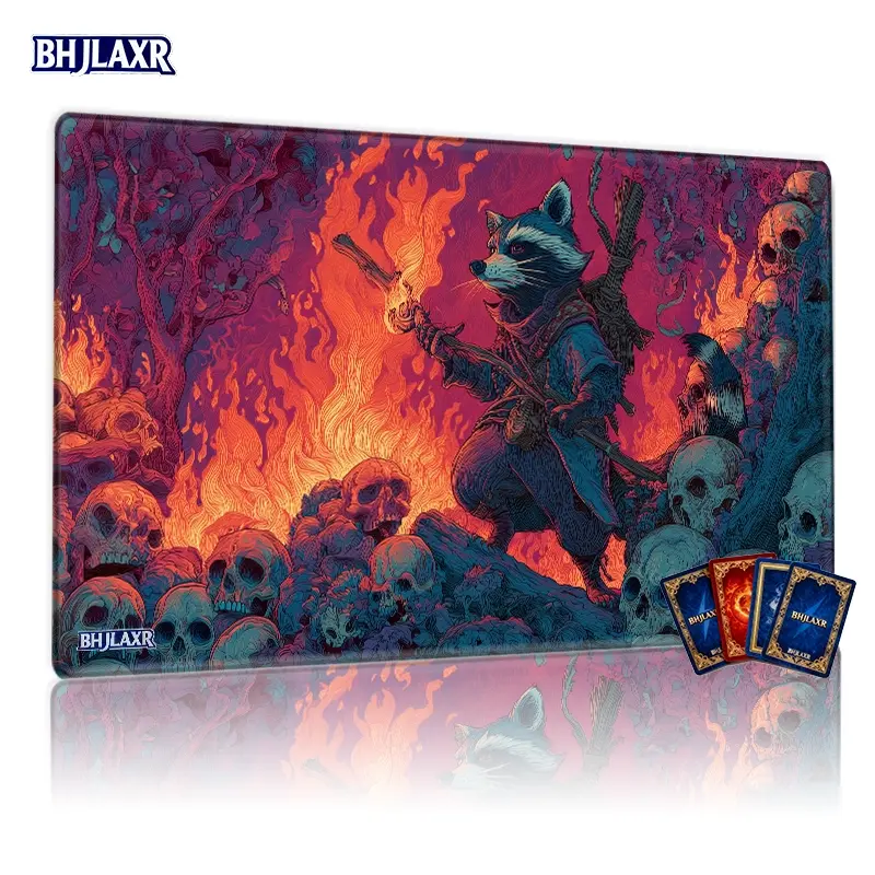 Raccoon Warrior Blue Cloak Torch Fiery Skull Landscape MTG Playmat - 12x24in Non-Slip, Perfect for TCG/MTG Card Games, Family Gatherings & Gift, Gaming Mouse Pad, Non Slip Mousepad