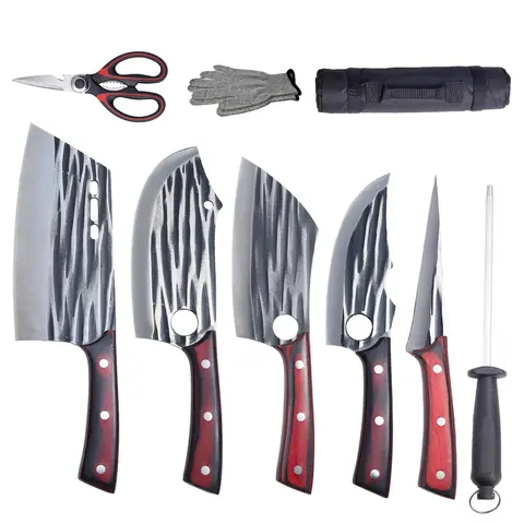 XNARLATH Carbon Steel 5-Piece Knives Kitchen Set - Kitchen Meatknife Set with Thick-Blade Cleaver, Serbian Chef Knife, Viking Boning Tool & Roll Bag for Meat Cutting