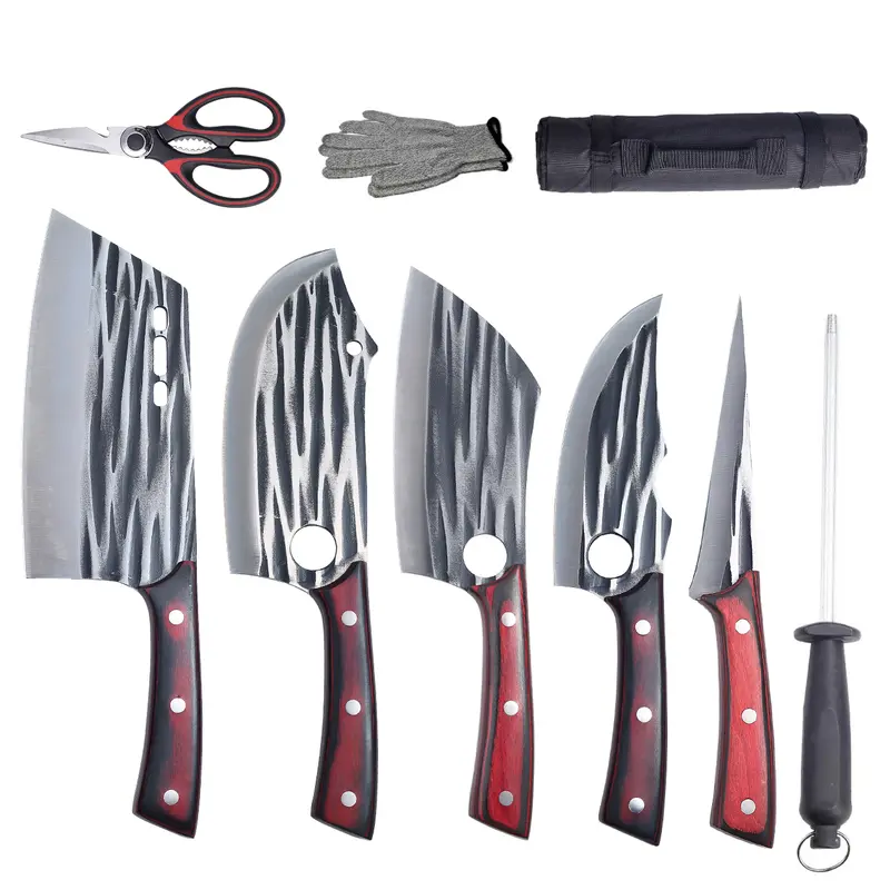 XNARLATH Carbon Steel 5-Piece Knives Kitchen Set - Kitchen Meatknife Set with Thick-Blade Cleaver, Serbian Chef Knife, Viking Boning Tool & Roll Bag for Meat Cutting