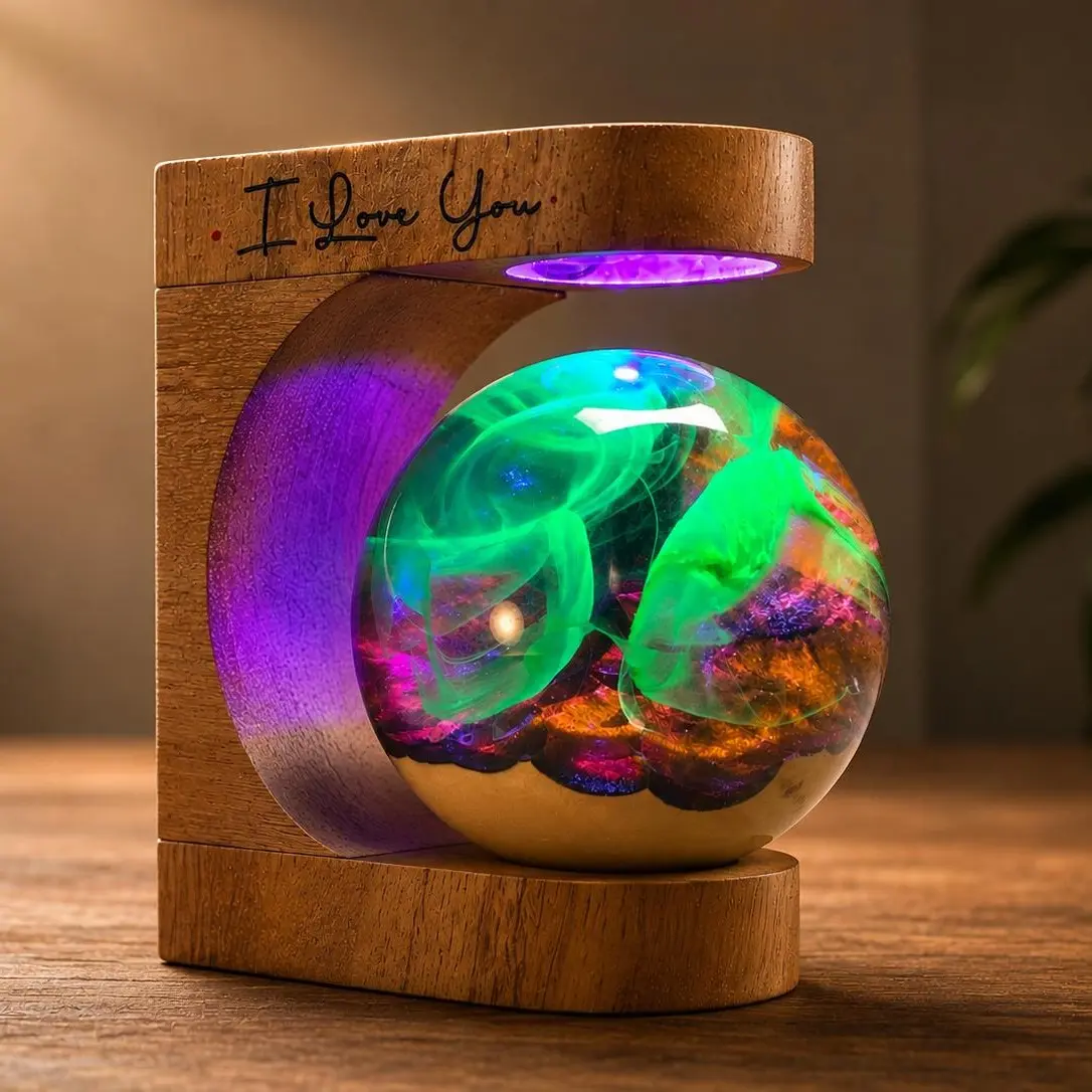 Aurora Resin Sphere Lamp Handmade Wooden Night Light, Epoxy Resin Globe Lamp, LED Bedside Light, Personalized Gift, Modern Home Desk Decor